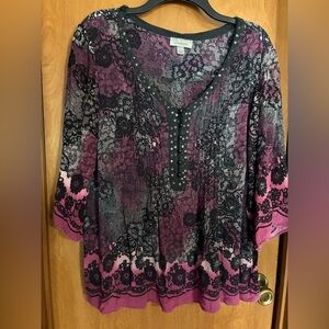 dressbarn Pink and Black Floral Lace-Print Whimsygoth Fairy Boho Top 1X